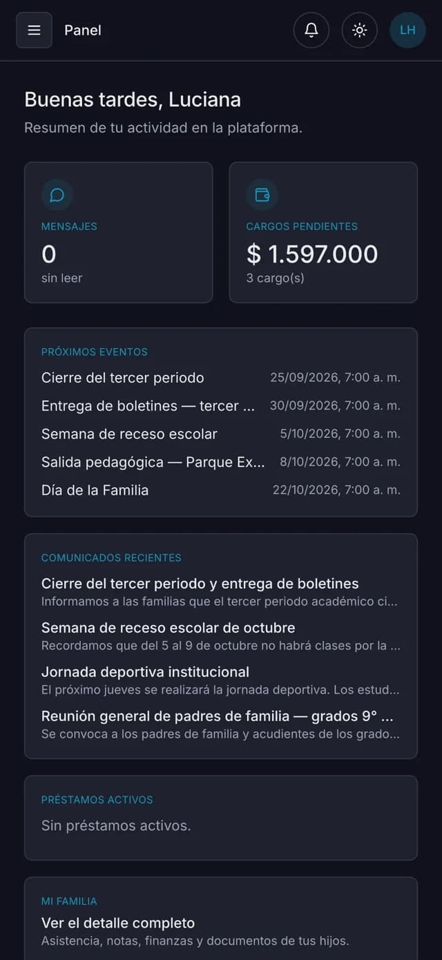 Pantalla de inicio de la plataforma en un celular: mensajes, cargos pendientes, próximos eventos y comunicados